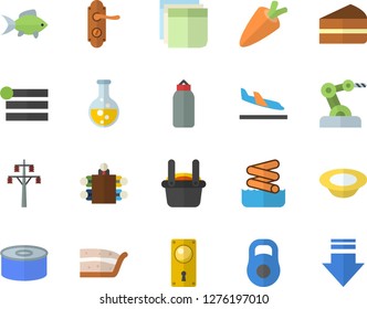 Color flat icon set door lock flat vector, carrot, canned food, piece of cake, dish, fish, chemistry, power line support, metallurgy, sticker, meeting, industrial robot, weight, sports pear, menu