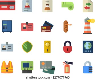 Color flat icon set door lock flat vector, lighthouse, credit card, badge, whistle, indentity fector, passport, cash dispenser, security, safe, life vest, file sharing, fire extinguisher