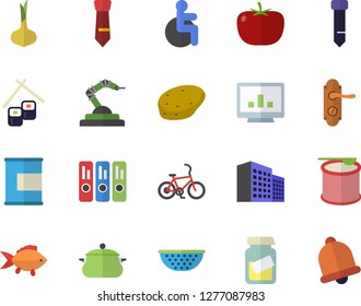 Color flat icon set door lock flat vector, saucepan, colander, potato, tomato, fish, onion, rolls, robotics, disabled, medical analysis, computer chart, office building, folder, tie, proteins, bell