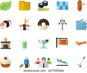 Color flat icon set door lock flat vector, tile, cupcake, donut, fish rolls, sashimi, soda, fireplace, tree leaf, power line support, fabric manufacture, signboard, team, computer file, luggage