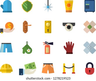 Color flat icon set door lock flat vector, hard hat, potholder, gloves, laser, investments, patch, athletic shorts, VIP area fector, sun protection cream, surveillance camera, security, safe