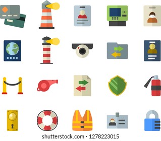 Color flat icon set door lock flat vector, lighthouse, credit card, badge, whistle, indentity fector, VIP area, passport, cash dispenser, surveillance camera, security, life vest, lifebuoy