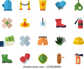Color flat icon set door lock flat vector, hard hat, potholder, gumboots, gloves, laser, investments, patch, athletic shorts, boxing, VIP area fector, sun protection cream, security