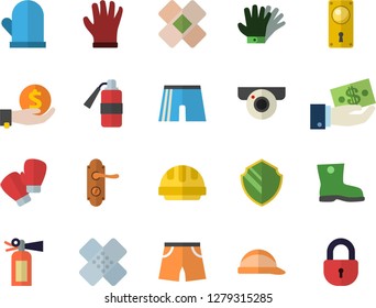 Color flat icon set door lock flat vector, hard hat, potholder, gumboots, gloves, investments, patch, athletic shorts, boxing, surveillance camera fector, security, fire extinguisher