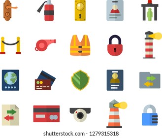 Color flat icon set door lock flat vector, lighthouse, credit card, badge, whistle, VIP area fector, control gate, passport, surveillance camera, security, life vest, file sharing, fire extinguisher