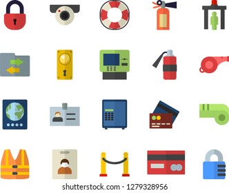 Color flat icon set door lock flat vector, credit card, whistle, indentity fector, VIP area, control gate, passport, cash dispenser, surveillance camera, safe, life vest, lifebuoy, file sharing