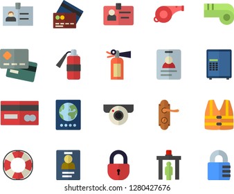 Color flat icon set door lock flat vector, credit card, badge, whistle, control gate fector, passport, surveillance camera, safe, life vest, lifebuoy, fire extinguisher