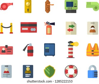 Color flat icon set door lock flat vector, lighthouse, credit card, badge, whistle, indentity fector, VIP area, cash dispenser, security, safe, life vest, lifebuoy, file sharing, fire extinguisher
