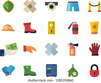Color flat icon set door lock flat vector, hard hat, potholder, gumboots, gloves, investments, patch, athletic shorts, boxing, VIP area fector, sun protection cream, surveillance camera, security