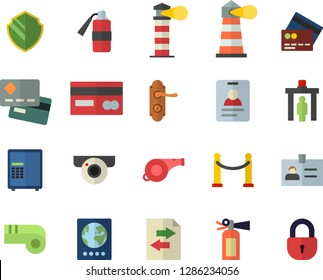 Color flat icon set door lock flat vector, lighthouse, credit card, whistle, VIP area fector, control gate, passport, surveillance camera, security, safe, file sharing, badge, fire extinguisher
