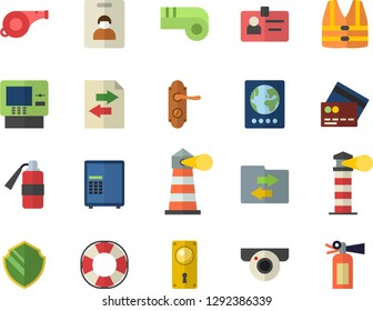 Color flat icon set door lock flat vector, lighthouse, badge, whistle, indentity card fector, passport, credit, cash dispenser, surveillance camera, security, safe, life vest, lifebuoy, file sharing