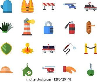 Color flat icon set door lock flat vector, hard hat, barrier, potholder, gloves, laser, welding, lighthouse, ambulance, helicopter, VIP area fector, security, life vest, fire extinguisher, key