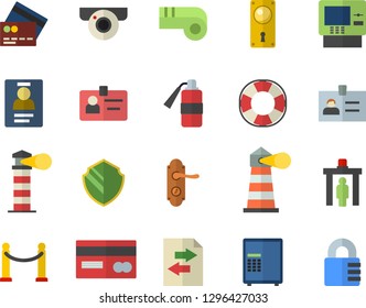Color flat icon set door lock flat vector, lighthouse, credit card, badge, whistle, VIP area fector, control gate, cash dispenser, surveillance camera, security, safe, lifebuoy, file sharing