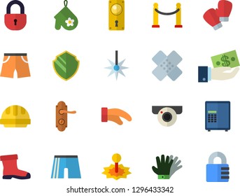 Color flat icon set door lock flat vector, hard hat, potholder, gumboots, gloves, laser, investments, patch, athletic shorts, boxing, VIP area fector, surveillance camera, security, safe