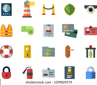 Color flat icon set door lock flat vector, lighthouse, credit card, badge, whistle, VIP area fector, control gate, passport, surveillance camera, security, life vest, lifebuoy, file sharing