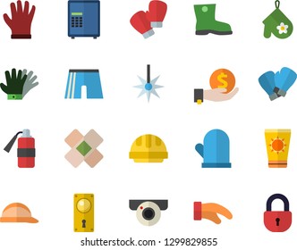 Color flat icon set door lock flat vector, hard hat, potholder, gumboots, gloves, laser, investments, patch, athletic shorts, boxing, sun protection cream fector, surveillance camera, safe
