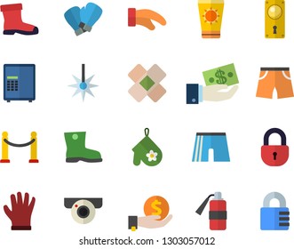 Color flat icon set door lock flat vector, potholder, gumboots, gloves, laser, investments, patch, athletic shorts, boxing, VIP area fector, sun protection cream, surveillance camera, safe