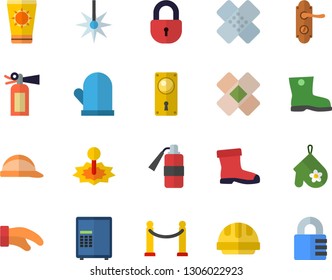 Color flat icon set door lock flat vector, hard hat, potholder, gumboots, laser, patch, VIP area fector, sun protection cream, safe, fire extinguisher