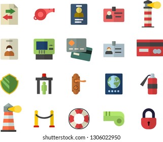 Color flat icon set door lock flat vector, lighthouse, credit card, badge, whistle, indentity fector, VIP area, control gate, passport, cash dispenser, security, lifebuoy, file sharing