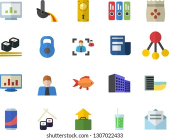 Color flat icon set door lock flat vector, fish, rolls, lemonade, soda, seeds, metallurgy, hierarchy, person, news, computer chart, office building, recruitment, folder, weight, hand luggage