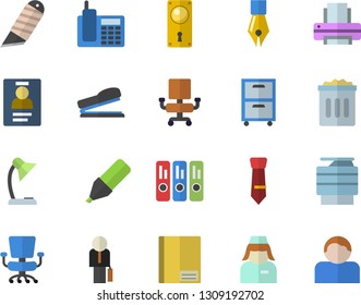 Color flat icon set door lock flat vector, stationery knife, marker, nurse, notebook, badge, ink pen, telephone, office chair, reading lamp, folder, printer, tie, copy machine, archive, businessman