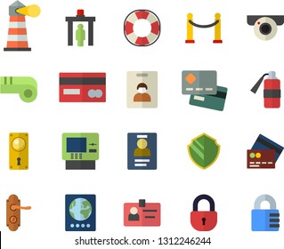 Color flat icon set door lock flat vector, lighthouse, credit card, badge, whistle, indentity fector, VIP area, control gate, passport, cash dispenser, surveillance camera, security, lifebuoy