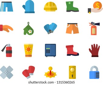 Color flat icon set door lock flat vector, hard hat, potholder, gumboots, gloves, laser, investments, patch, athletic shorts, boxing, sun protection cream fector, safe, fire extinguisher
