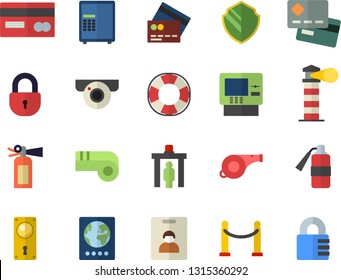 Color flat icon set door lock flat vector, lighthouse, credit card, whistle, indentity fector, VIP area, control gate, passport, cash dispenser, surveillance camera, security, safe, lifebuoy