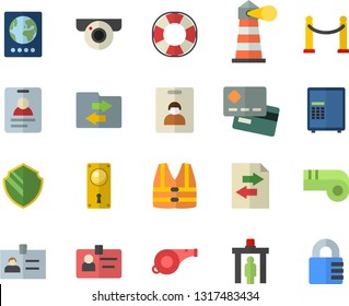 Color flat icon set door lock flat vector, lighthouse, credit card, badge, whistle, indentity fector, VIP area, control gate, passport, surveillance camera, security, safe, life vest, lifebuoy