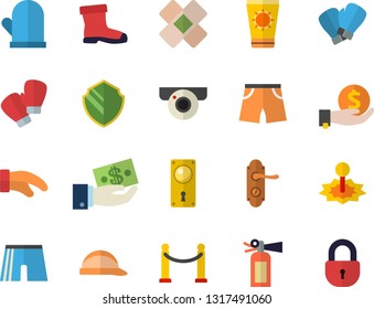 Color flat icon set door lock flat vector, hard hat, potholder, gumboots, laser, investments, patch, athletic shorts, boxing gloves, VIP area fector, sun protection cream, surveillance camera