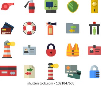 Color flat icon set door lock flat vector, lighthouse, credit card, badge, whistle, control gate fector, cash dispenser, security, life vest, lifebuoy, file sharing, fire extinguisher