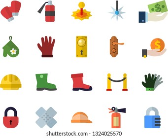 Color flat icon set door lock flat vector, hard hat, potholder, gumboots, gloves, laser, investments, patch, boxing, VIP area fector, fire extinguisher
