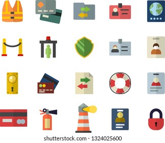 Color flat icon set door lock flat vector, lighthouse, credit card, badge, indentity fector, VIP area, control gate, passport, security, life vest, lifebuoy, file sharing, fire extinguisher