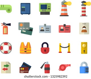 Color flat icon set door lock flat vector, lighthouse, credit card, badge, whistle, indentity fector, VIP area, cash dispenser, safe, life vest, lifebuoy, file sharing, fire extinguisher