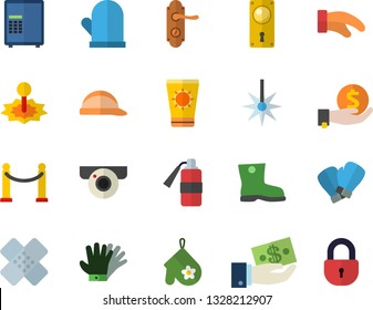 Color flat icon set door lock flat vector, hard hat, potholder, gumboots, gloves, laser, investments, patch, boxing, VIP area fector, sun protection cream, surveillance camera, safe