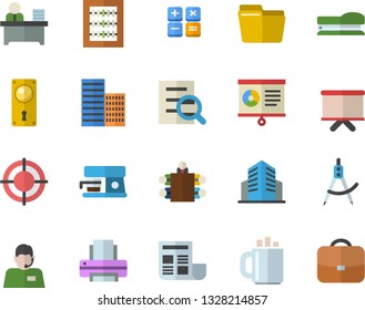 Color flat icon set door lock flat vector, skyscraper, coffee machine, dividers, telephone operator, flipchart, calculator, chart, office building, document, computer file, abacus, magnifier, worker