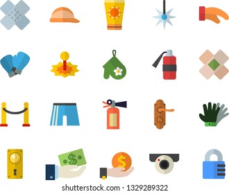 Color flat icon set door lock flat vector, hard hat, potholder, gloves, laser, investments, patch, athletic shorts, boxing, VIP area fector, sun protection cream, surveillance camera