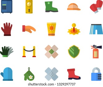 Color flat icon set door lock flat vector, hard hat, potholder, gumboots, gloves, laser, patch, athletic shorts, boxing, VIP area fector, sun protection cream, security, safe, fire extinguisher