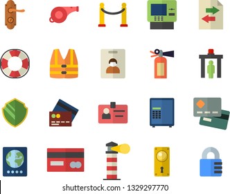 Color flat icon set door lock flat vector, lighthouse, credit card, badge, whistle, indentity fector, VIP area, control gate, passport, cash dispenser, security, safe, life vest, lifebuoy