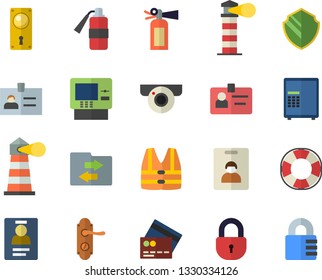 Color flat icon set door lock flat vector, lighthouse, badge, indentity card fector, credit, cash dispenser, surveillance camera, security, safe, life vest, lifebuoy, file sharing, fire extinguisher