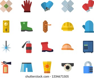 Color flat icon set door lock flat vector, hard hat, potholder, gumboots, gloves, laser, patch, athletic shorts, boxing, sun protection cream fector, surveillance camera, safe, fire extinguisher