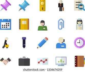 Color Flat Icon Set Door Lock Flat Vector, Case, Telephone Operator, Nurse, Calendar, Drawing Pin, Computer Chart, Clock, Magnifier, Phone, Point Diagram, Tie, Pencil, Agreement, Businessman, Clip