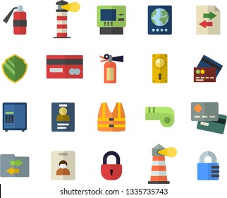 Color flat icon set door lock flat vector, lighthouse, credit card, badge, whistle, indentity fector, passport, cash dispenser, security, safe, life vest, file sharing, fire extinguisher