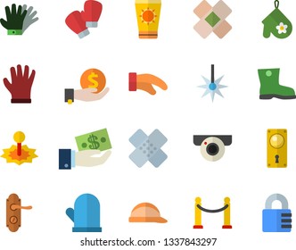 Color flat icon set door lock flat vector, hard hat, potholder, gumboots, gloves, laser, investments, patch, boxing, VIP area fector, sun protection cream, surveillance camera