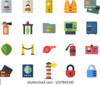 Color flat icon set door lock flat vector, lighthouse, credit card, badge, whistle, indentity fector, VIP area, control gate, passport, cash dispenser, security, safe, life vest, file sharing