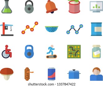Color flat icon set door lock flat vector, saucepan, colander, mushroom, lemonade, chemistry, crane, scatter chart, disabled, medical analysis, computer, electronic circuit, weight, Treadmill, bell