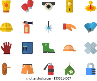 Color flat icon set door lock flat vector, hard hat, potholder, gumboots, gloves, laser, patch, athletic shorts, boxing, sun protection cream fector, surveillance camera, safe, fire extinguisher