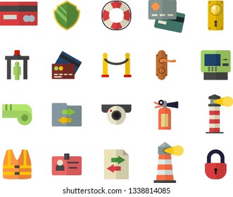 Color flat icon set door lock flat vector, lighthouse, credit card, badge, whistle, VIP area fector, control gate, cash dispenser, surveillance camera, security, life vest, lifebuoy, file sharing