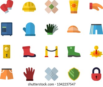 Color flat icon set door lock flat vector, hard hat, potholder, gumboots, gloves, laser, patch, athletic shorts, boxing, VIP area fector, sun protection cream, security, safe