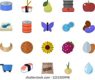 Color flat icon set double boiler flat vector, legumes, biscuit, croissant, egg, canned food, onion, tomato, sashimi, blackberry, pear, seeds, flower, butterflies, pond, pool, grocery trolley fector